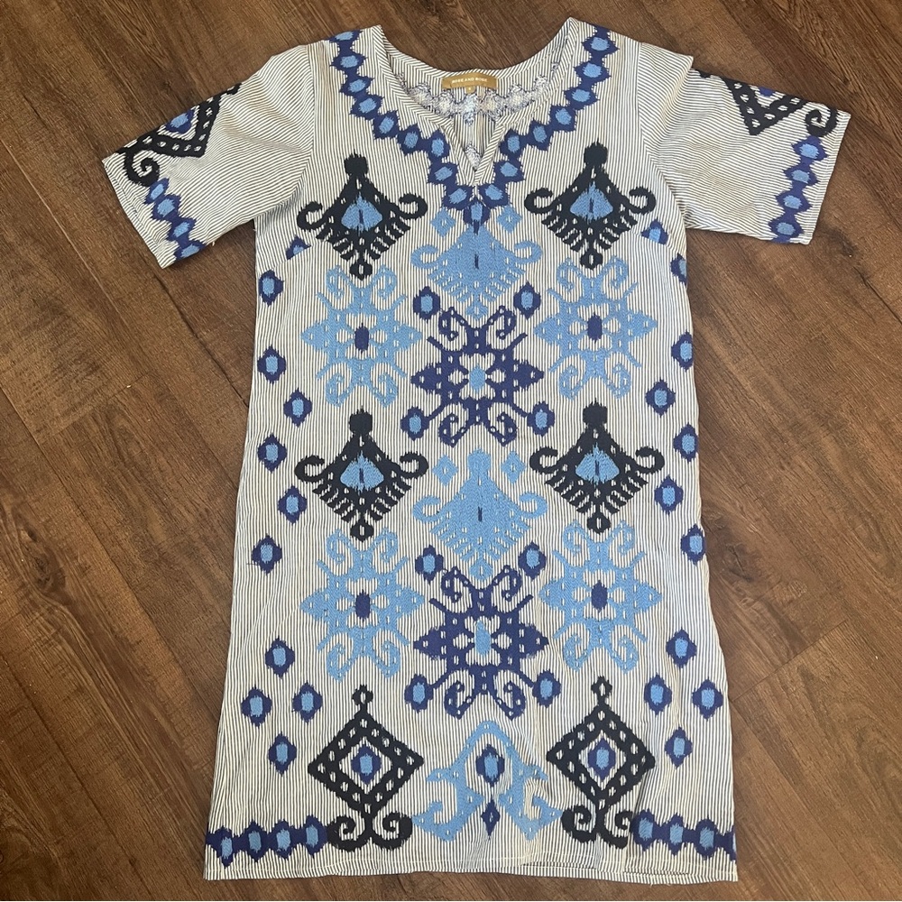 Rose & Rose Embroidered Shift Dress Blue White Cotton Boho Small Resortwear